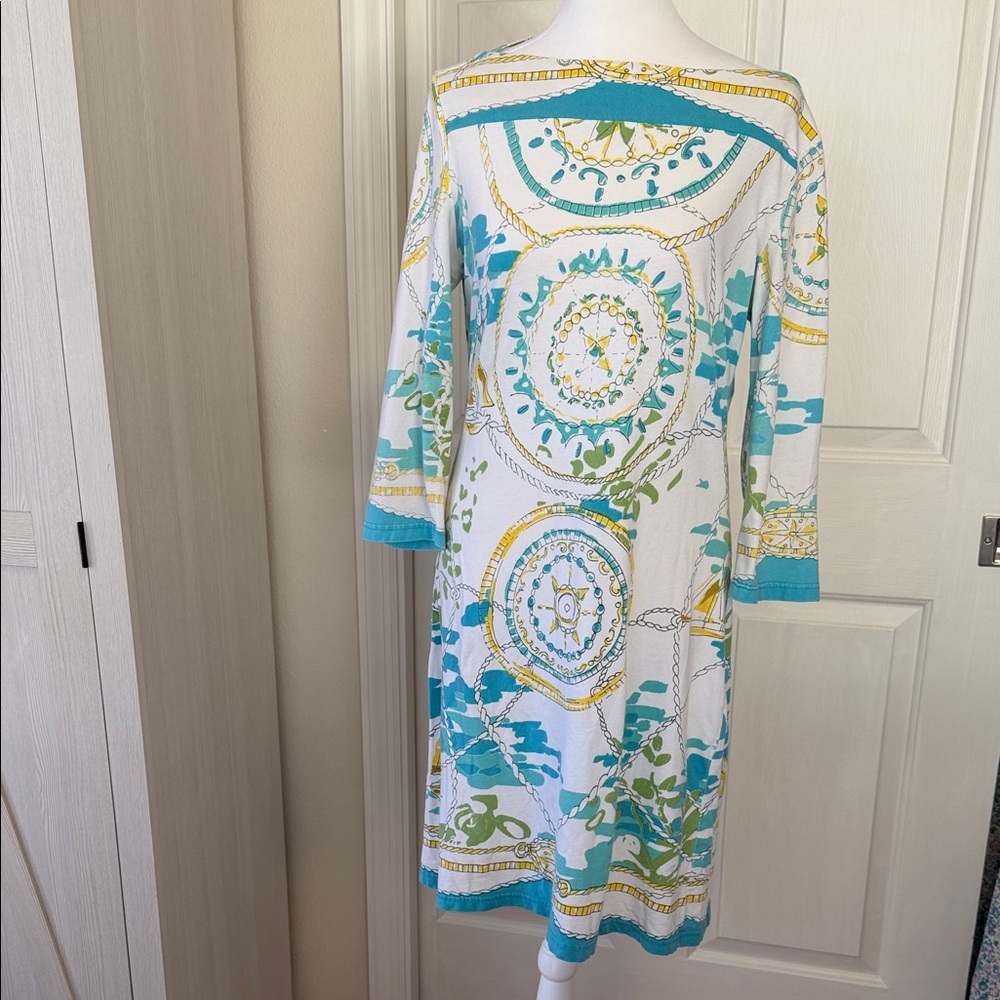 Barbara Gerwit White and Blue Patterned Midi Dress Sz L